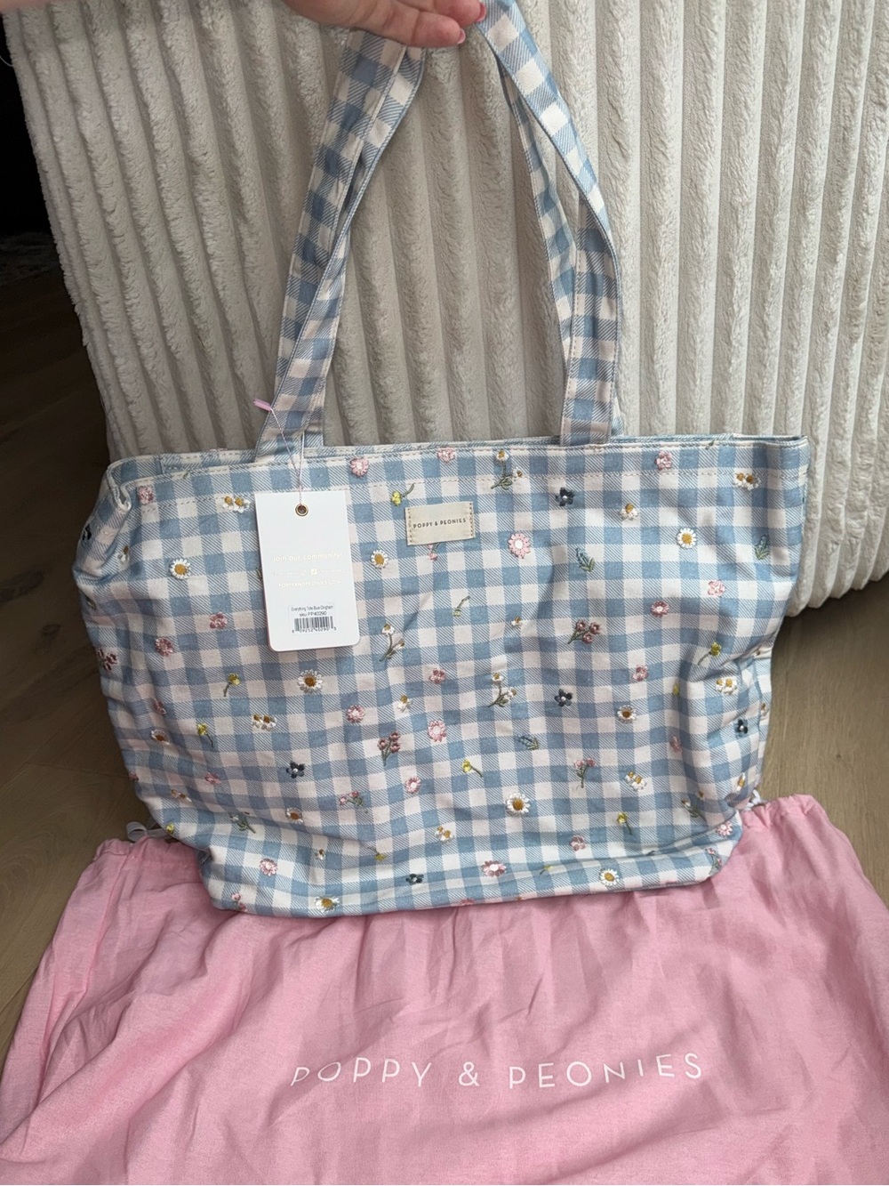 Poppy and peonies everything tote blue gingham